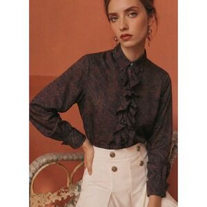 Lauren Ralph Lauren Silk Paisley Ruffle Blouse Oxfordshire Print French Cuff M